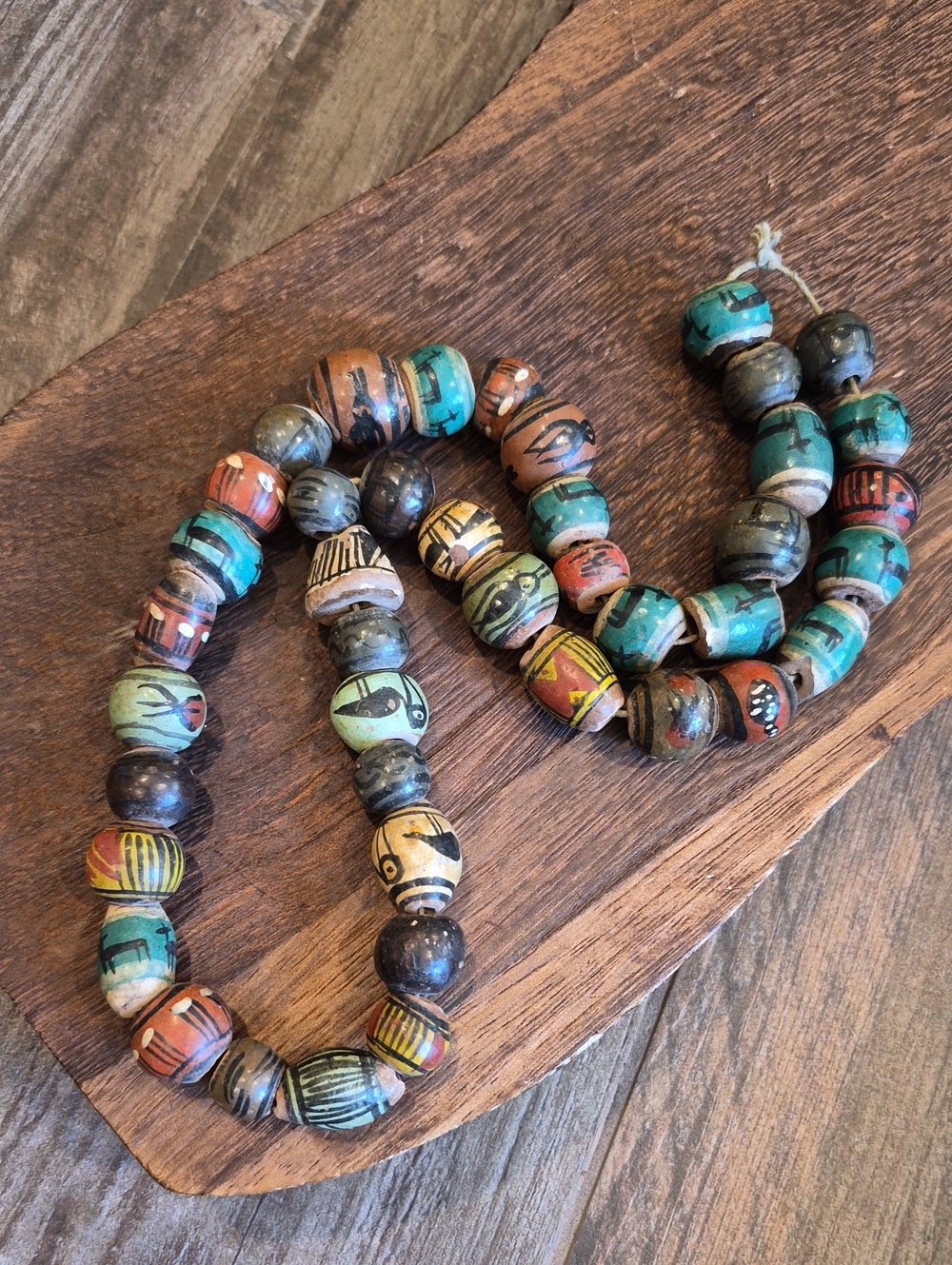 Antique Ethnographic Hand-painted Animal & Geometric Motifs Trade Bead Necklace